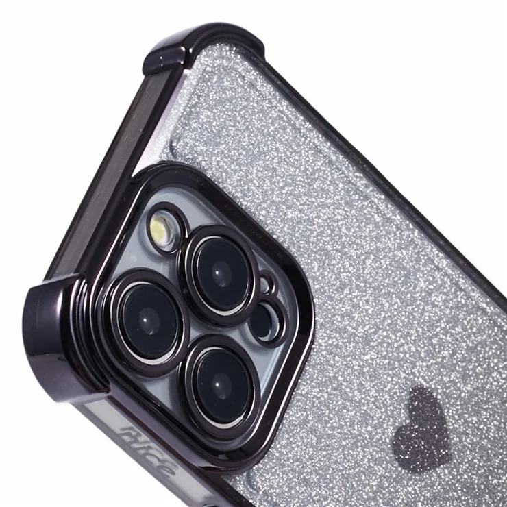 TPU Phone Shell for iPhone 13 Pro Drop Protection Phone Case Heart Pattern Glittery Powder Phone Cover - Black