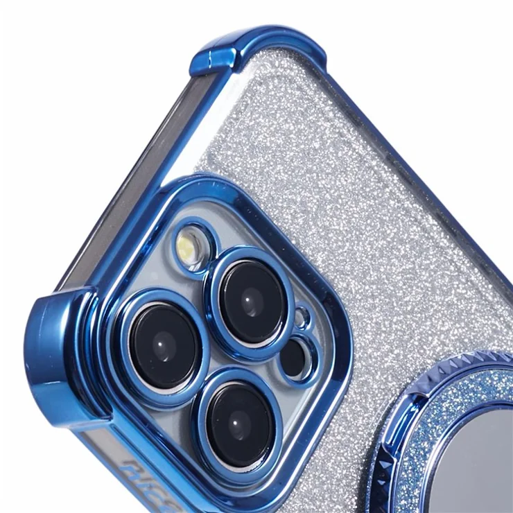 For iPhone 14 Pro Max Case Heart Pattern Edge Glitter TPU Phone Cover with Kickstand and Mirror - Blue