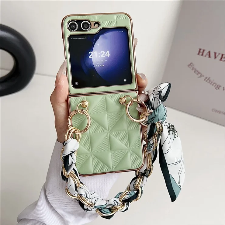 For Samsung Galaxy Z Flip6 5G / Z Flip5 5G Case Grid Texture Leather + PC Bracelet Phone Cover - Light Green