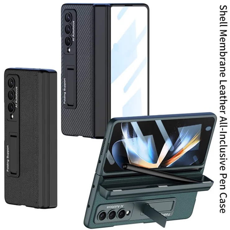 GKK For Samsung Galaxy Z Fold4 5G Magnetic Pen Holder Folding Phone Case Kickstand PC Cover with Tempered Glass Screen Protector - Grey