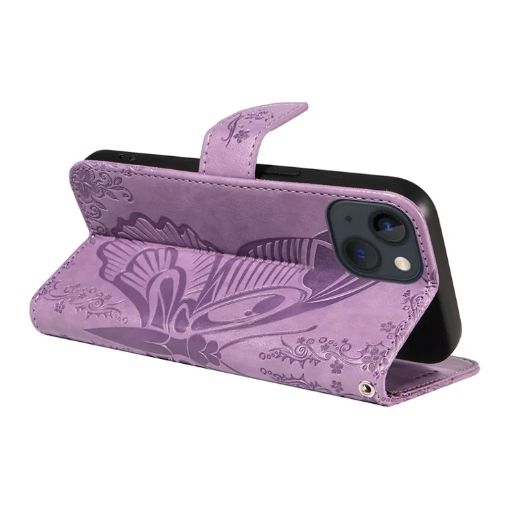For iPhone 14 Case Butterfly Pattern Leather Phone Cover with Wallet Stand - Light Purple