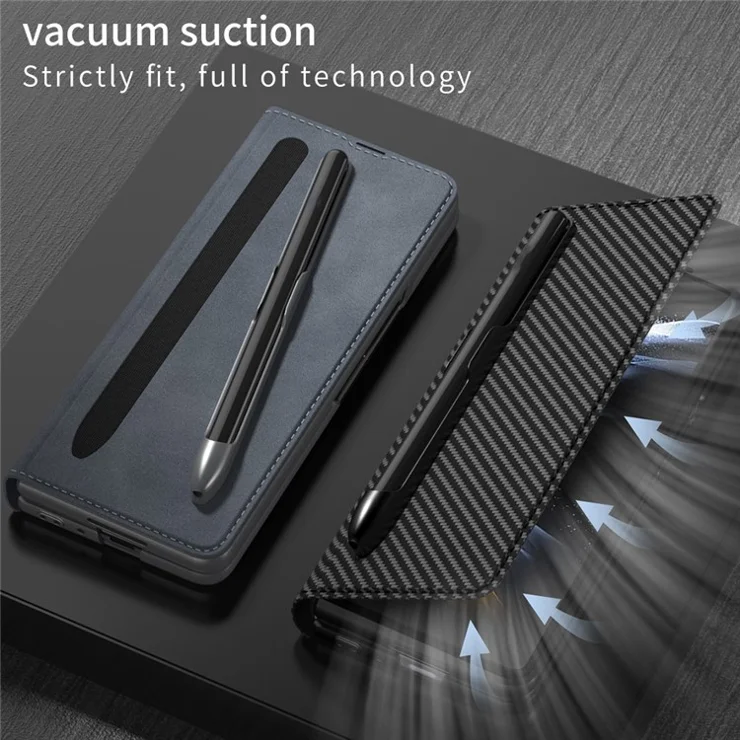GKK for Samsung Galaxy Z Fold4 5G Armour Flip Phone Case with Pen Slot Color Splicing PC + PU Leather Protective Cover - Carbon Fiber Black