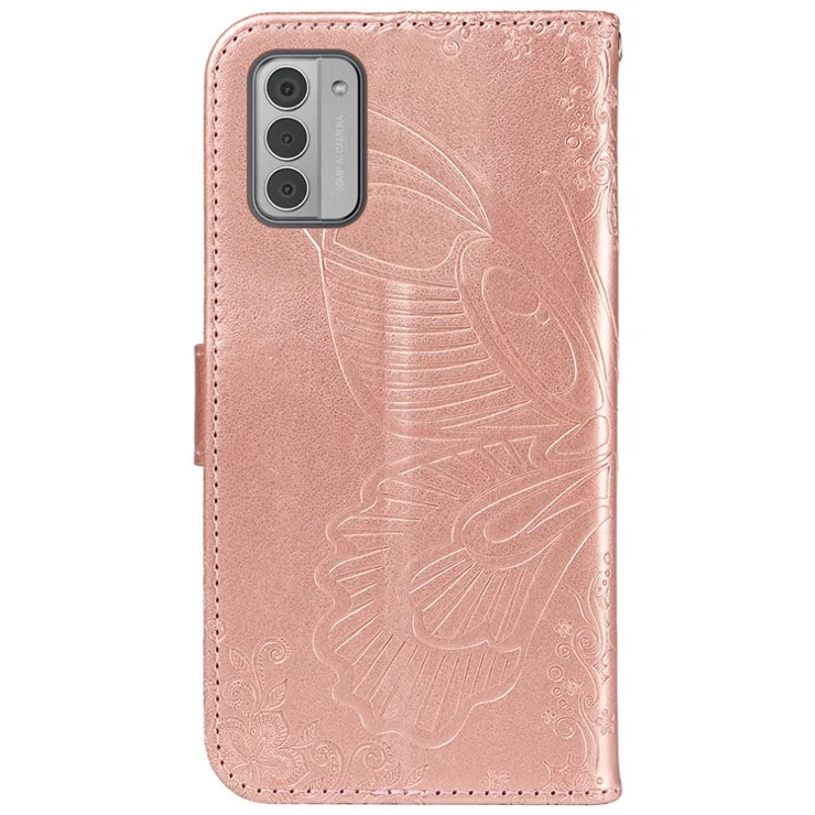 For Nokia G42 Case Butterfly Pattern PU Leather Phone Cover with Strap - Rose Gold