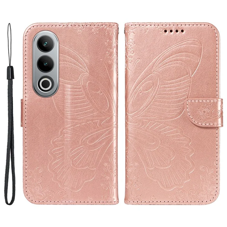 For OnePlus Ace 3V 5G Case Leather Wallet Flip Stand Butterfly Pattern Phone Cover - Rose Gold