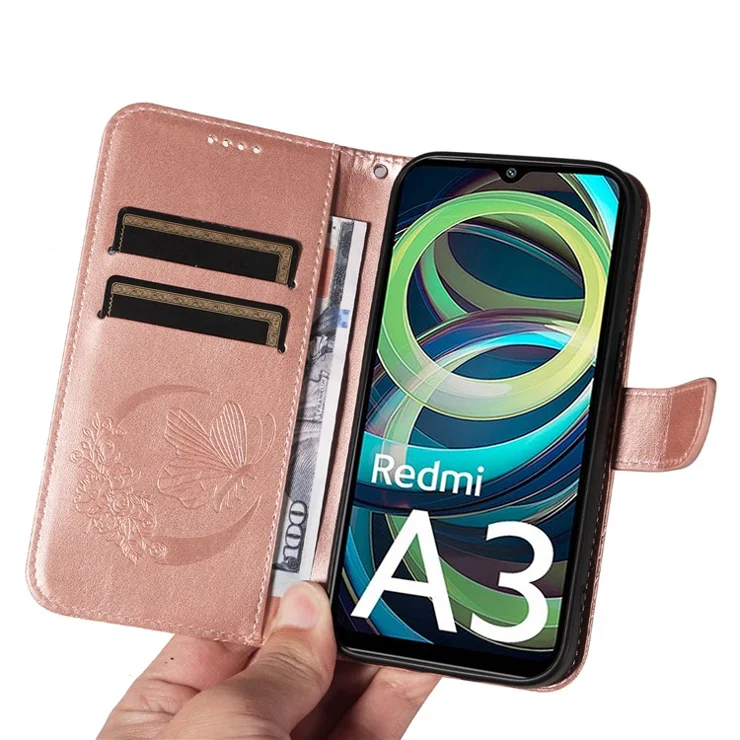 For Xiaomi Redmi A3 4G / Poco C61 4G Case Swallowtail Butterfly Flip PU Leather Phone Cover - Rose Gold