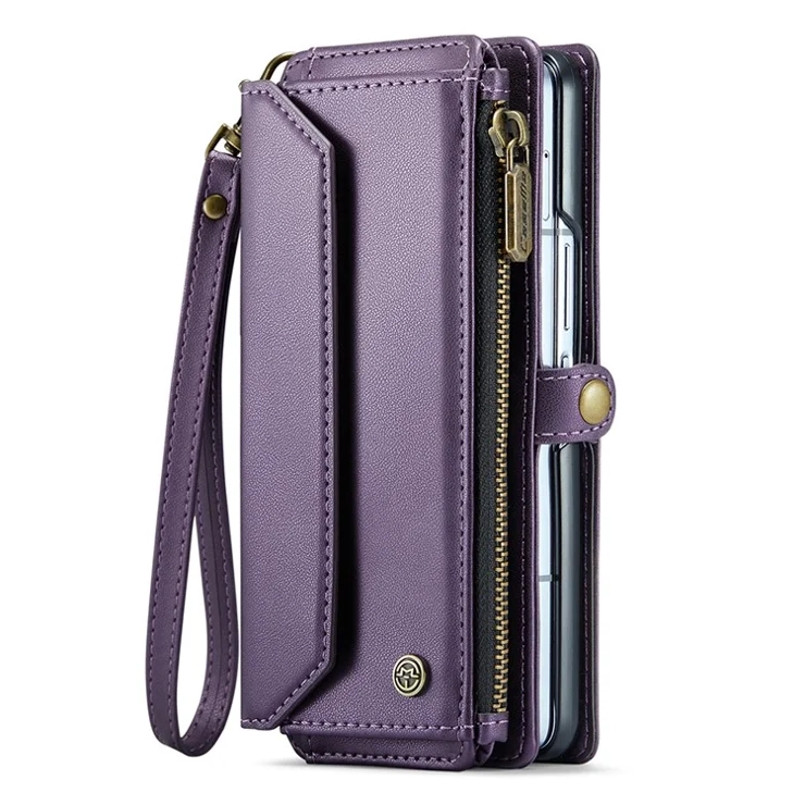 For Samsung Galaxy Z Fold3 5G Leather Case CASEME C36 Zipper Multiple Card Slots Phone Cover with Straps - Purple