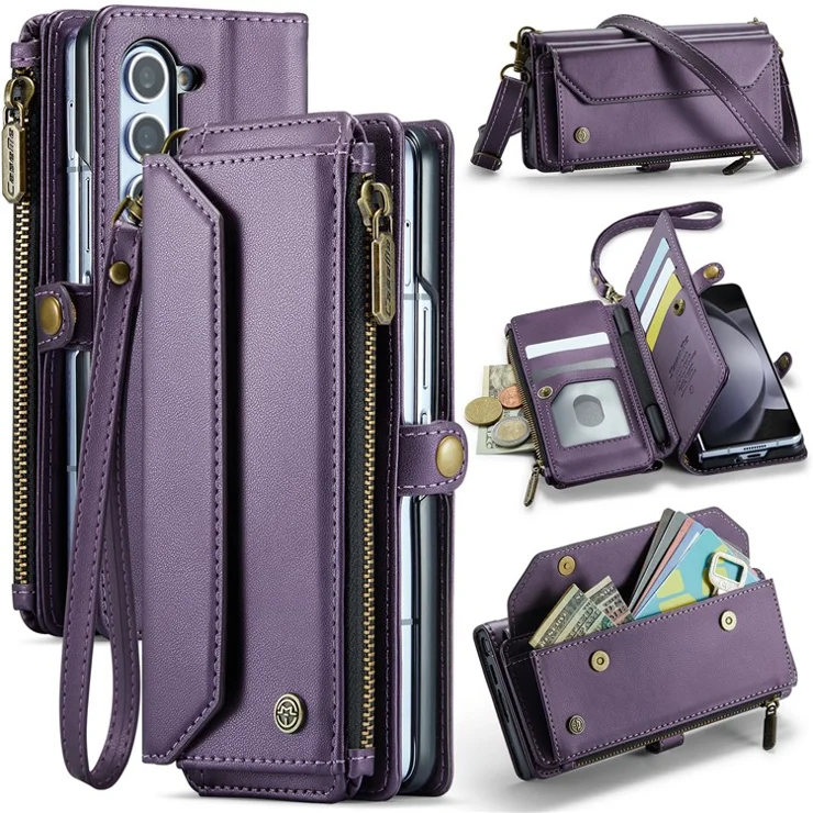 For Samsung Galaxy Z Fold5 5G Leather Case CASEME C36 Zipper Multiple Card Slots Phone Cover with Straps - Purple