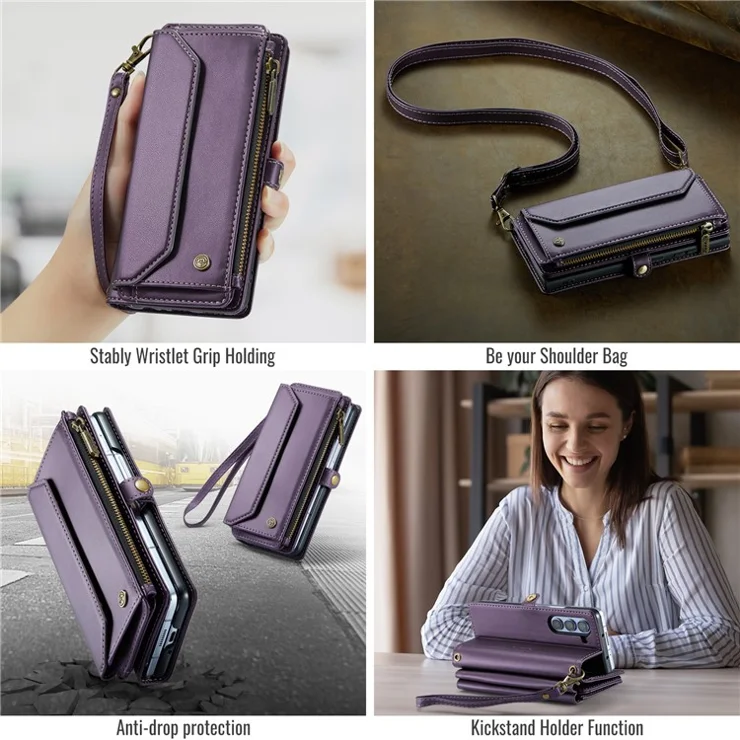 For Samsung Galaxy Z Fold5 5G Leather Case CASEME C36 Zipper Multiple Card Slots Phone Cover with Straps - Purple