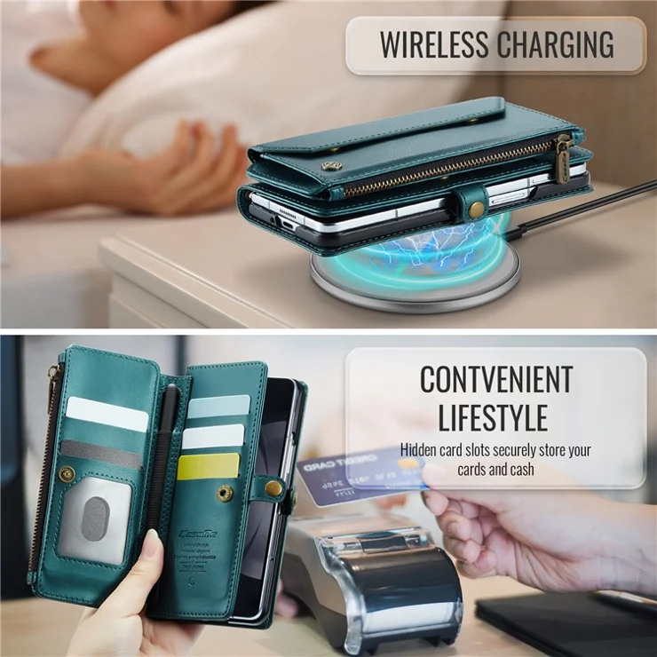 For Samsung Galaxy Z Fold5 5G Leather Case CASEME C36 Zipper Multiple Card Slots Phone Cover with Straps - Green