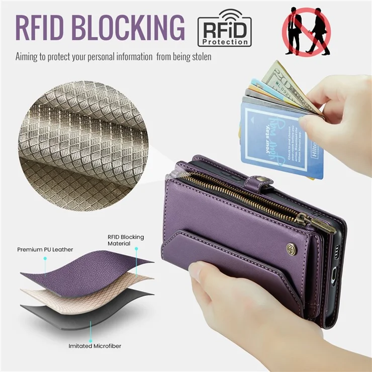For Samsung Galaxy S22+ 5G Leather Case CASEME C36 Zipper Multiple Card Slots Phone Cover with Straps - Purple
