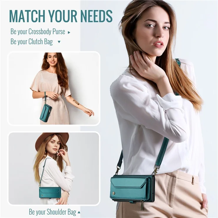 For Samsung Galaxy S20 Ultra Leather Case CASEME C36 Zipper Multiple Card Slots Phone Cover with Straps - Green