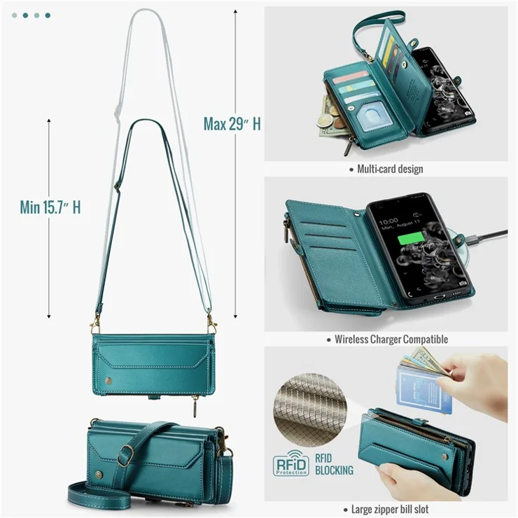 For Samsung Galaxy S20 Ultra Leather Case CASEME C36 Zipper Multiple Card Slots Phone Cover with Straps - Green