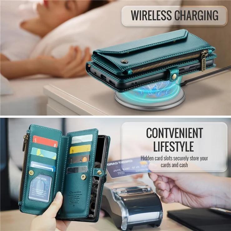 For Samsung Galaxy S20 Ultra Leather Case CASEME C36 Zipper Multiple Card Slots Phone Cover with Straps - Green