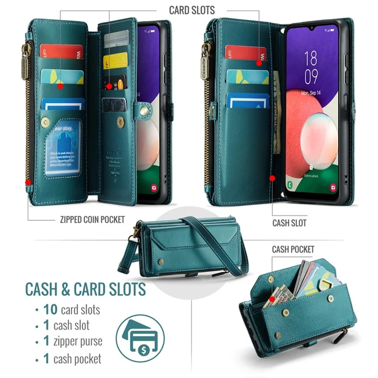 For Samsung Galaxy A22 5G (EU) Leather Case CASEME C36 Zipper Multiple Card Slots Phone Cover with Straps - Green