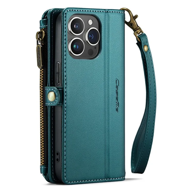 For iPhone 14 Pro Leather Case CASEME C36 Zipper Multiple Card Slots Phone Cover with Straps - Green