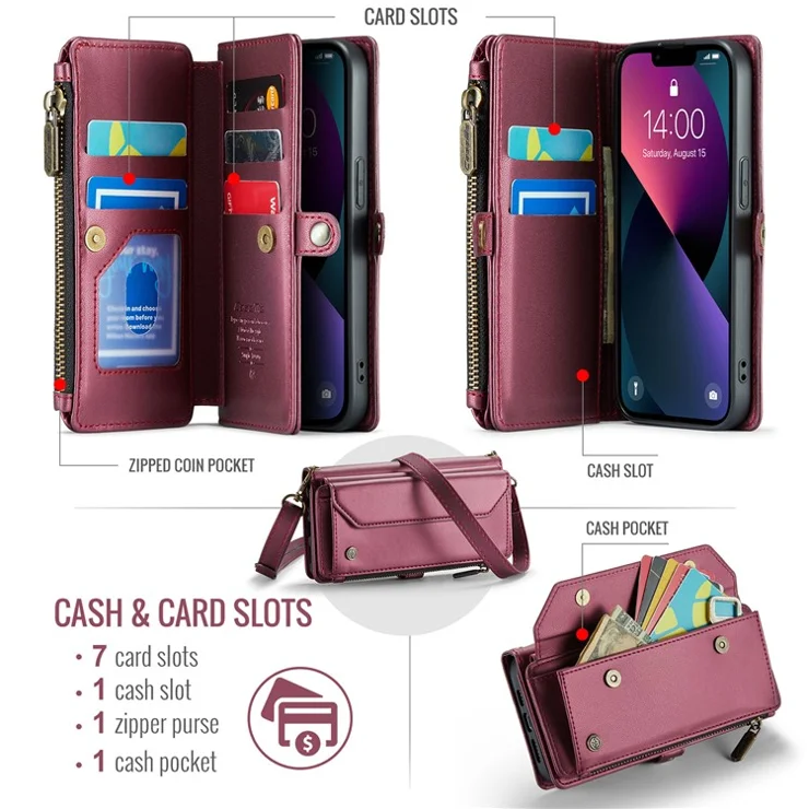 For iPhone 13 Leather Case CASEME C36 Zipper Multiple Card Slots Phone Cover with Straps - Wine Red