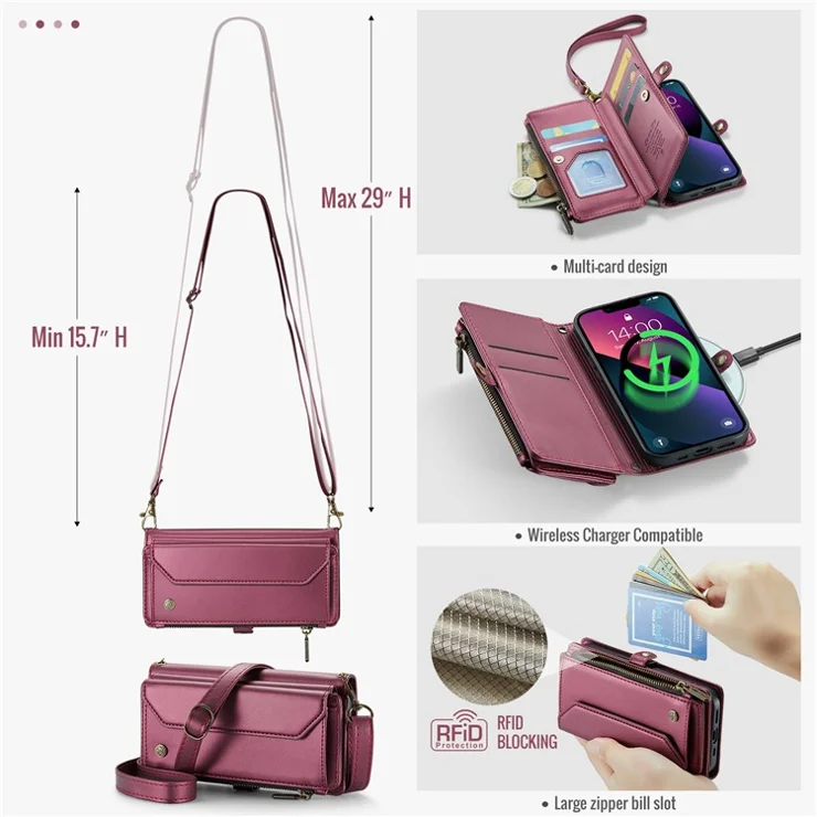 For iPhone 13 Leather Case CASEME C36 Zipper Multiple Card Slots Phone Cover with Straps - Wine Red