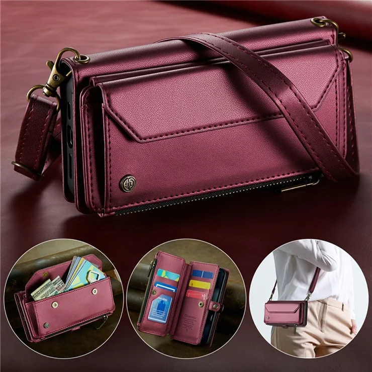 For iPhone 13 Pro Leather Case CASEME C36 Zipper Multiple Card Slots Phone Cover with Straps - Wine Red