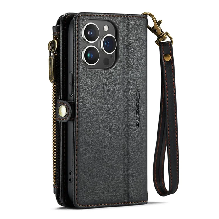 For iPhone 13 Pro Max Leather Case CASEME C36 Zipper Multiple Card Slots Phone Cover with Straps - Black