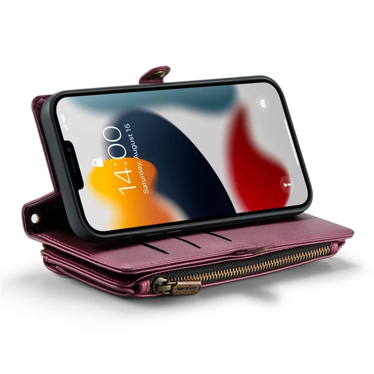 For iPhone 13 Pro Max Leather Case CASEME C36 Zipper Multiple Card Slots Phone Cover with Straps - Wine Red