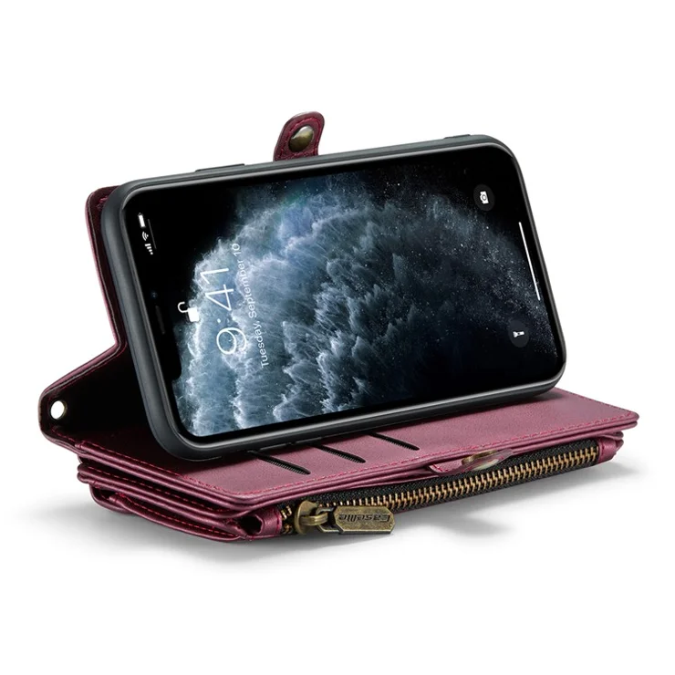 For iPhone 11 Pro Max Leather Case CASEME C36 Zipper Multiple Card Slots Phone Cover with Straps - Wine Red