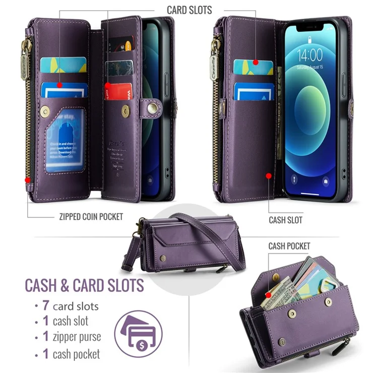 For iPhone 12 mini Leather Case CASEME C36 Zipper Multiple Card Slots Phone Cover with Straps - Purple
