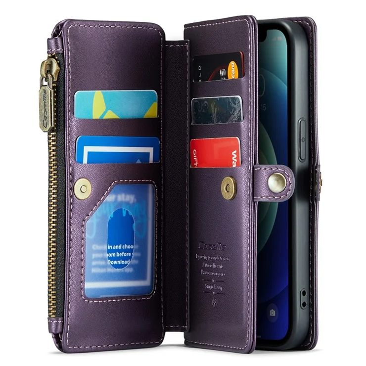 For iPhone 12 / 12 Pro Leather Case CASEME C36 Zipper Multiple Card Slots Phone Cover with Straps - Wine Red