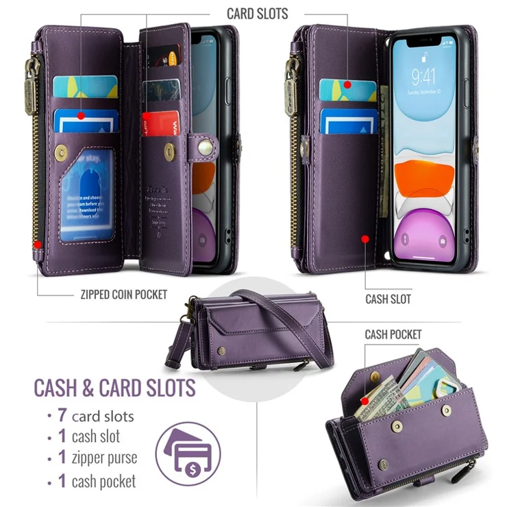 For iPhone 11 Leather Case CASEME C36 Zipper Multiple Card Slots Phone Cover with Straps - Purple
