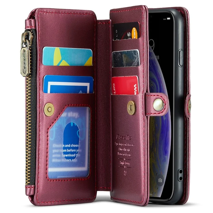 For iPhone X / XS Leather Case CASEME C36 Zipper Multiple Card Slots Phone Cover with Straps - Wine Red