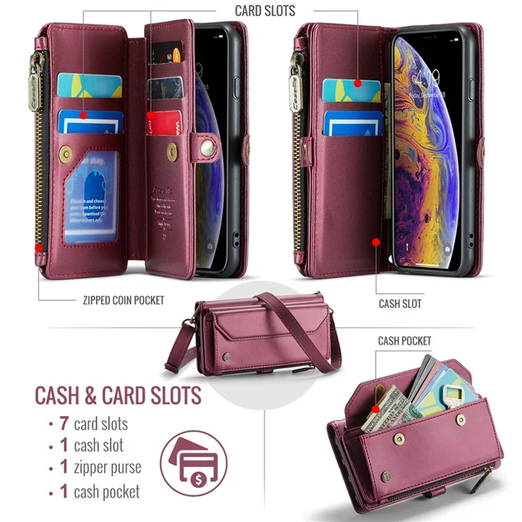 For iPhone X / XS Leather Case CASEME C36 Zipper Multiple Card Slots Phone Cover with Straps - Wine Red