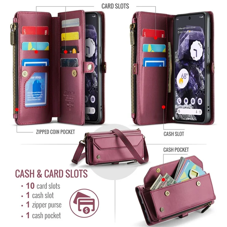 For Google Pixel 8 Leather Case CASEME C36 Zipper Multiple Card Slots Phone Cover with Straps - Wine Red