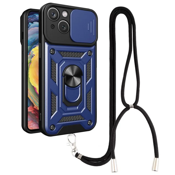 Anti-drop Phone Case Kickstand For iPhone 14 Plus, Anti-Scratch PC + TPU Phone Shell Ring Holder with Slide Camera Cover and Lanyard - Blue