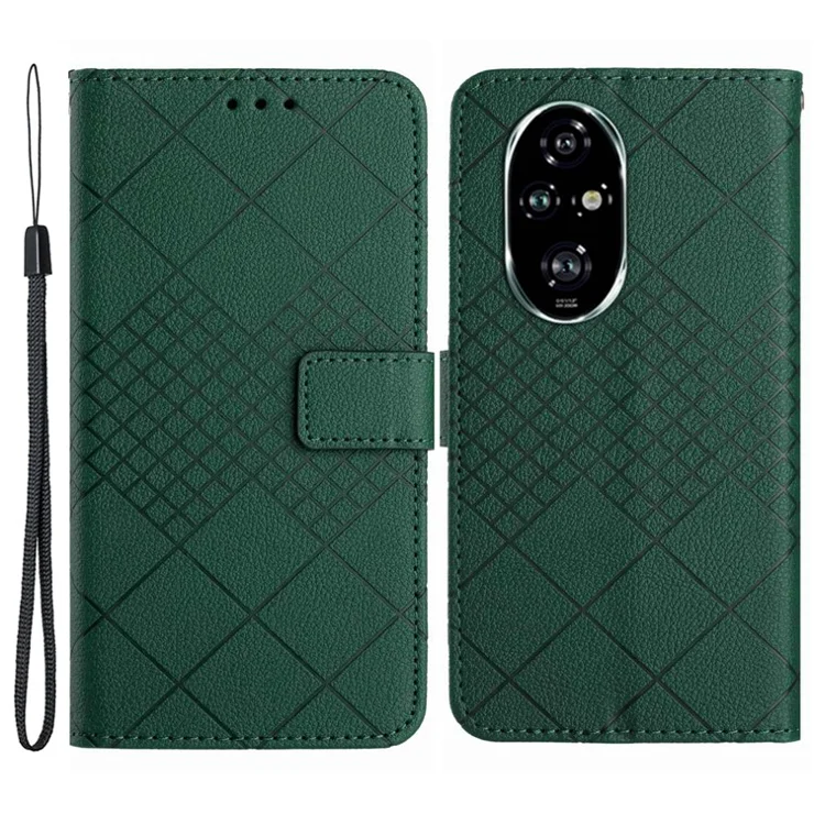 HT06 For Honor 200 5G Case PU Leather Wallet Flip Phone Cover Rhombus Pattern - Green
