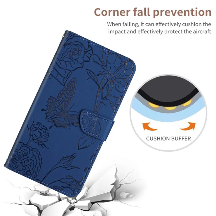 HT03 For iPhone 16 Case Butterfly Flowers Leather Crossbody Phone Cover Skin-Touch - Blue