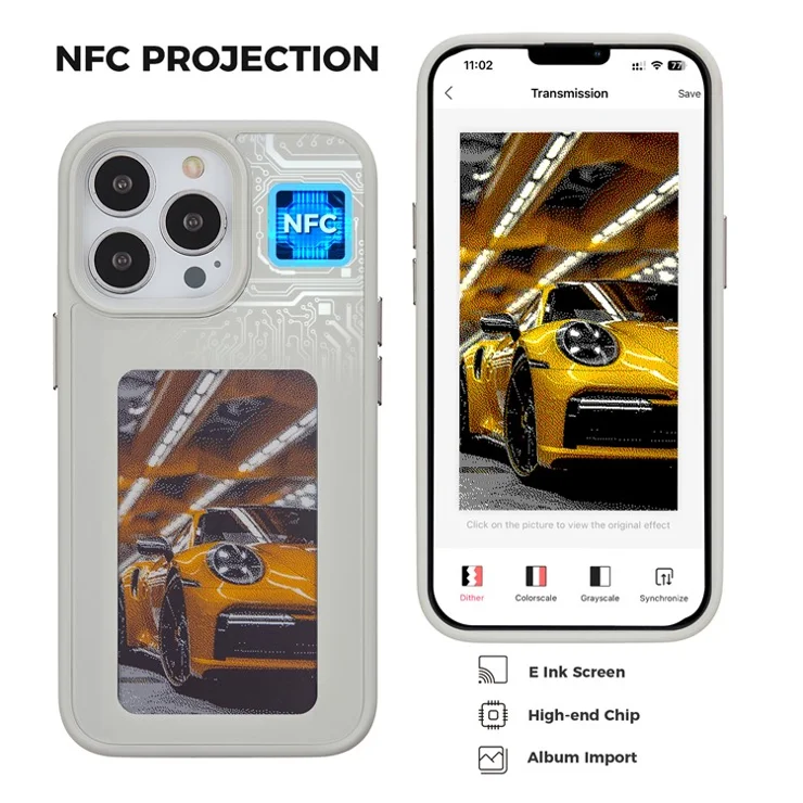 INKZONE For iPhone 12 / 12 Pro 4-Color E Ink Case PC+TPU Phone Cover DIY Customized Pattern - Grey