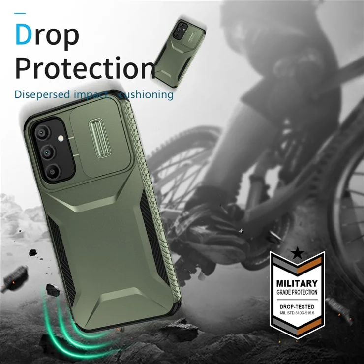 For Samsung Galaxy A15 4G / 5G Case PC+TPU Impact-Resistant Phone Cover Slide Camera Lens Protection - Green