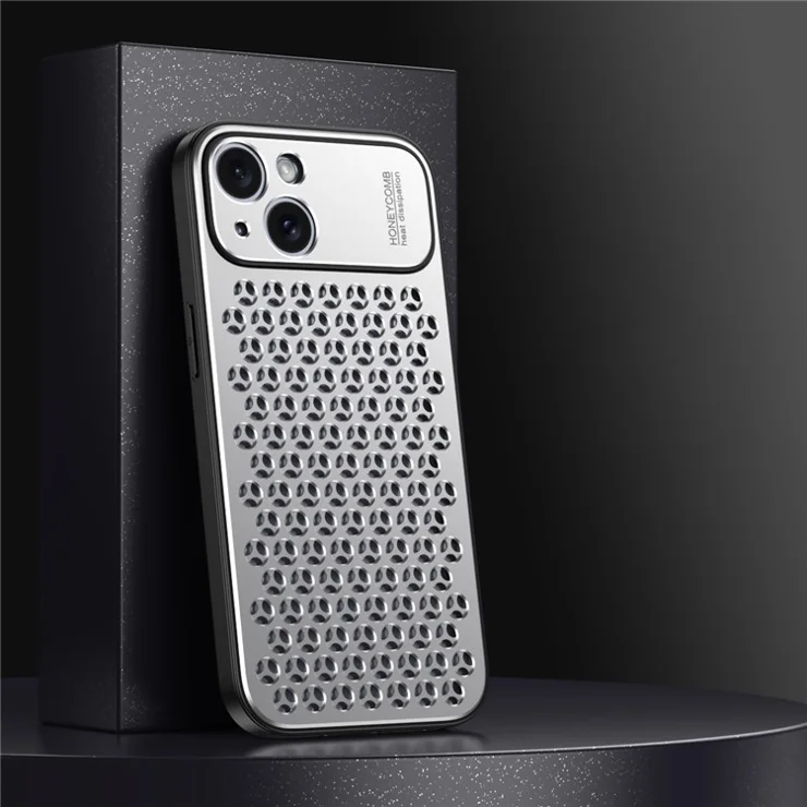 Cell Phone Case for iPhone 14 Honeycomb Texture Aluminum Alloy+TPU Phone Cover - Silver