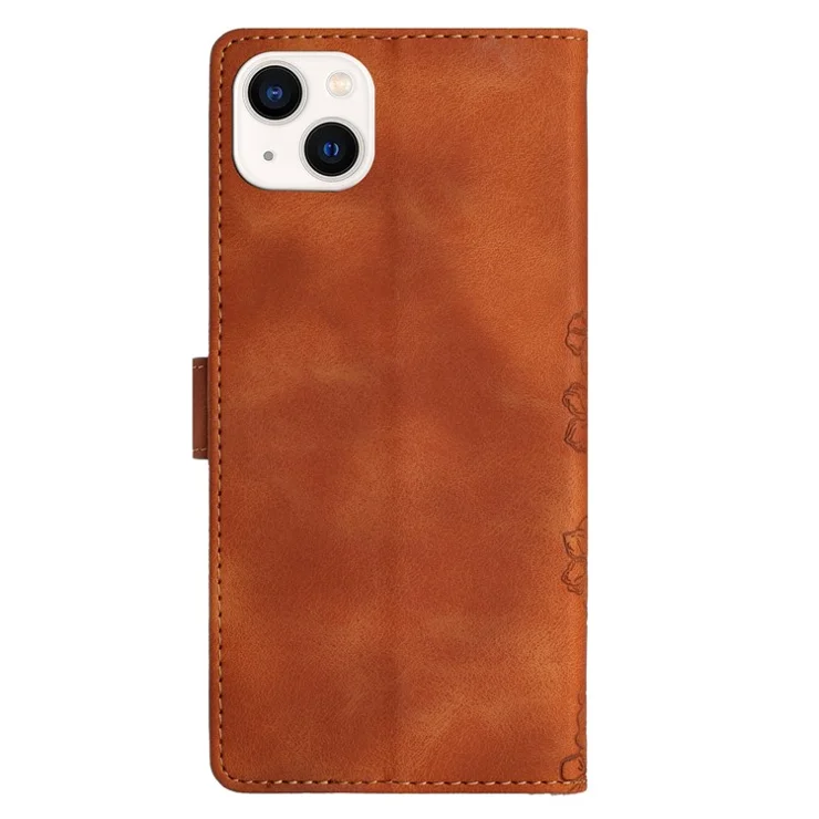For iPhone 14 Case Sakura Butterfly Imprint Full Protection Leather Stand Phone Cover - Brown