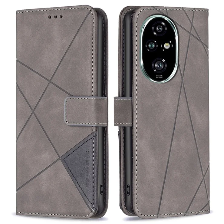 BINFEN COLOR For Honor 200 Pro 5G Phone Cases Wallet Stand Geometry Imprinted Leather Cover - Grey