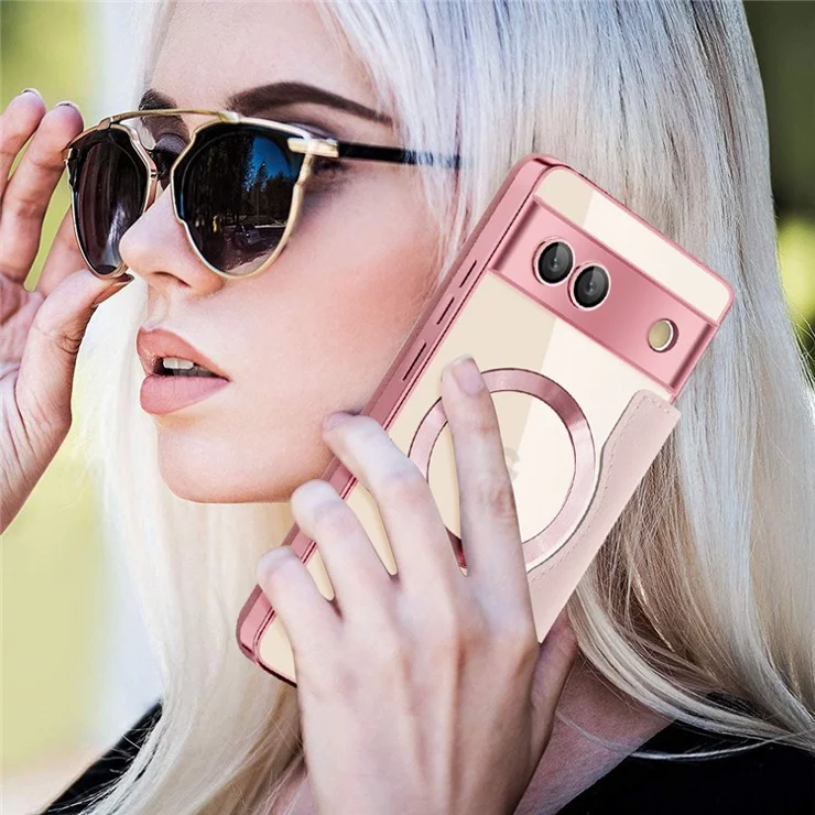 For Google Pixel 7a Magnetic Case RFID Blocking Card Holder Leather Phone Cover - Pink