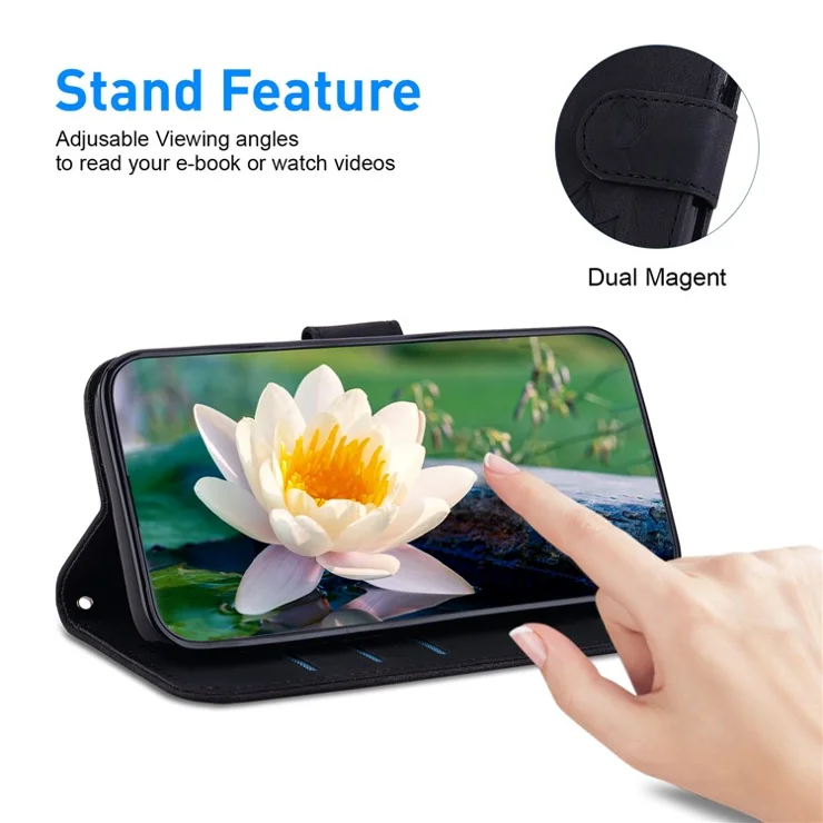For iPhone 15 Pro Case Leather Slim Fit Wallet Phone Cover Lotus Pattern - Black