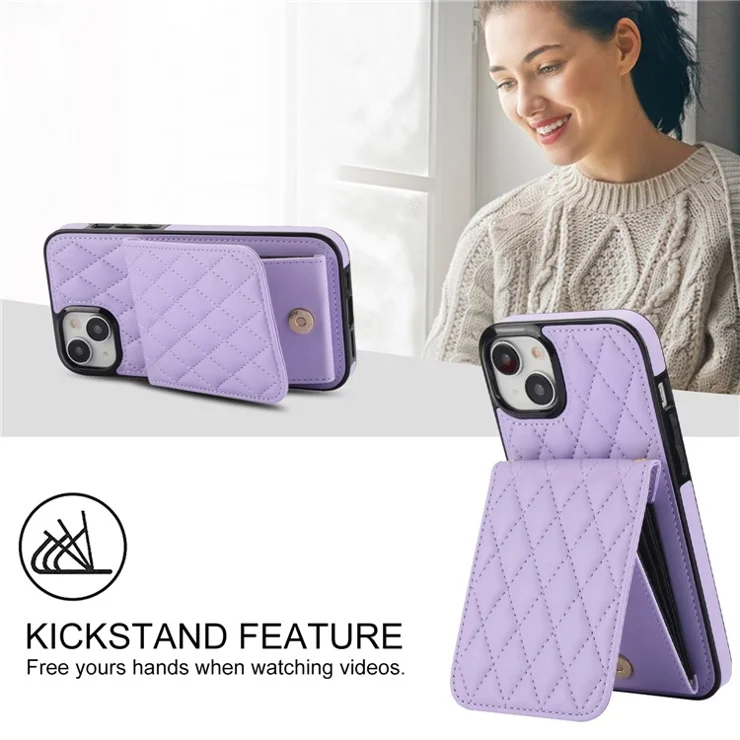 For iPhone 15 Case Leather+TPU Crossbody Phone Cover Card Holder Kickstand - Light Purple