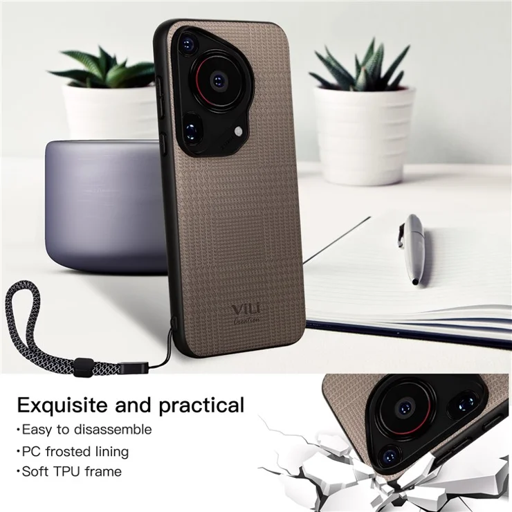 VILI TH Series for Huawei Pura 70 Ultra Case with Hand Strap Leather Coated PC+TPU Cover - Grey