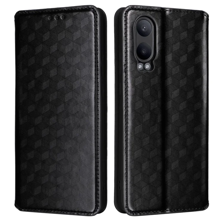 For OnePlus Nord CE4 Lite 5G / Oppo K12x 5G (China) Case Leather Phone Cover Rhombus Pattern Strong Magnetic - Black