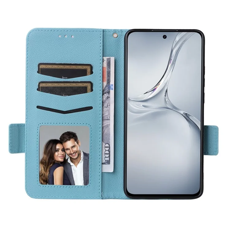 For OnePlus Nord CE4 Lite 5G / Oppo K12x 5G (China) Case with Wrist Strap Litchi Texture PU Leather Wallet Phone Cover - Baby Blue