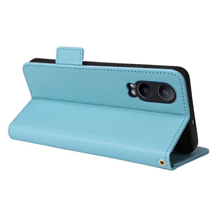 For OnePlus Nord CE4 Lite 5G / Oppo K12x 5G (China) Case with Wrist Strap Litchi Texture PU Leather Wallet Phone Cover - Baby Blue