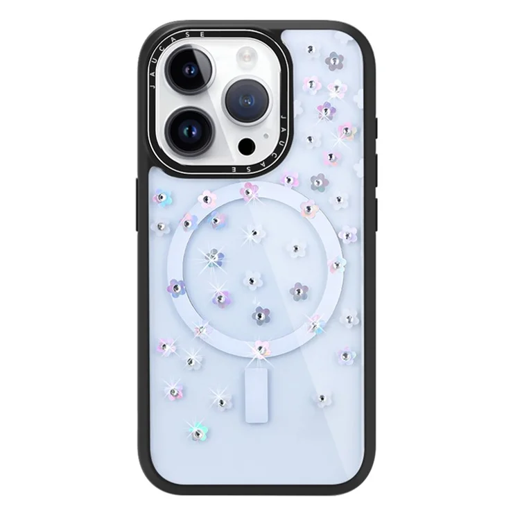 JAUCASE For iPhone 14 Pro Max Case Rhinestone Flower Pattern Phone Cover Compatible with MagSafe - Flower+Black
