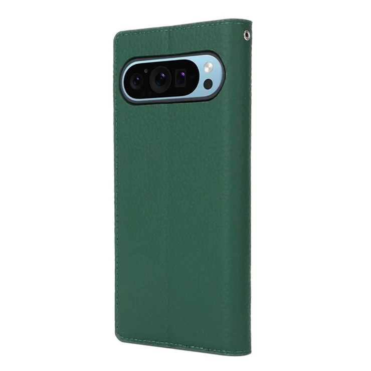 For Google Pixel 9 Pro XL Case Litchi Texture Genuine Cow Leather Phone Cover - Green