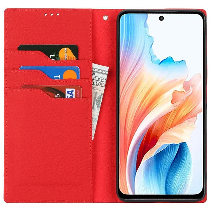 For Oppo A79 5G / A2 5G Case Litchi Texture Genuine Cow Leather Phone Cover with Strap - Red