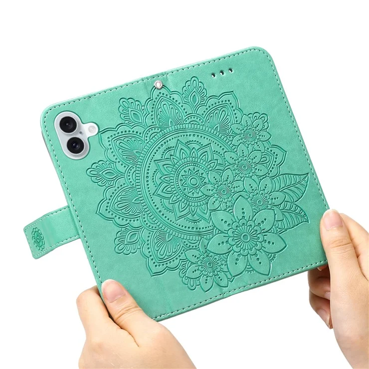 For iPhone 16 Case Floral Pattern PU Leather Wallet Stand Phone Cover - Green